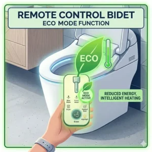Green energy-saving icon over an electronic remote control bidet showing power-save mode activation.