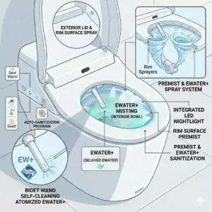 Illustration of the antibacterial Ewater plus misting sanitization spray process on an automatic TOTO toilet.