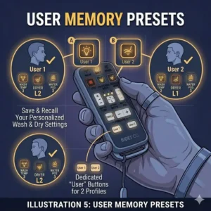 Graphic depicting personalized user profile buttons on a smart bidet toilet remote.