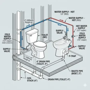 Professional plumbing and rough-in diagram for a standard bathroom with bidet and toilet.