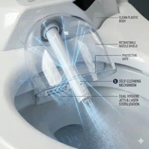 Detailed illustration of a bidet control panel pointing out the water pressure dial and the dedicated nozzle self clean mode toggle.