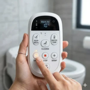User holding a wireless toilet seat remote control to demonstrate its handheld portability and modern design.