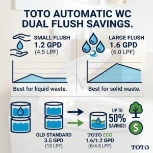 Infographic comparing water conservation metrics and dual flush options on a toto automatic wc model.