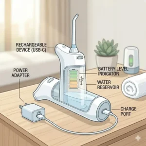 A rechargeable portable electric bidet plugged into a USB wall adapter on a wooden table.
