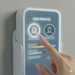 Digital screen displaying personalized user profile settings on a bidet remote.