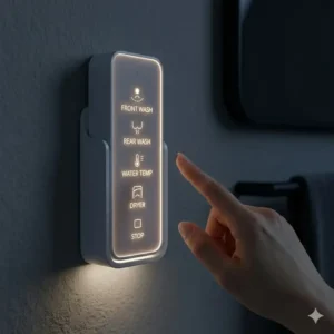 An illuminated bidet remote with backlit buttons for easy use at night.