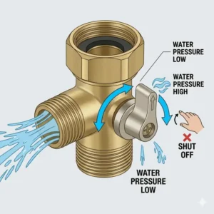 Close-up technical illustration of the shut-off lever on a bidet t adapter, with arrows and labels showing 'PRESSURE HIGH', 'PRESSURE LOW', and 'SHUT OFF' positions.