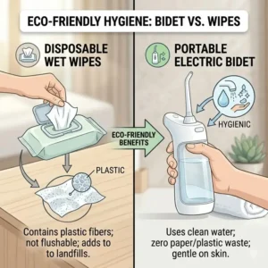 An infographic comparing the environmental benefits of a portable electric bidet versus disposable wet wipes.