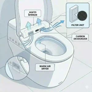 Illustration showing a cross-section of the powerful built-in air dryer and deodorizing fan on an automatic TOTO toilet.