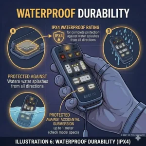 Illustration of a waterproof bidet toilet remote showing resistance to bathroom moisture and splashes.