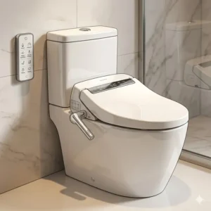 An elegant smart home setup featuring an integrated high-tech bathroom with bidet and toilet.