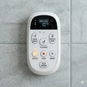 Front-facing professional illustration of a toilet seat remote control centered on a clean tiled background.
