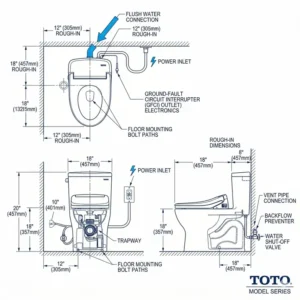 Technical installation blueprint displaying rough-in dimensions for a floor-mounted toto automatic wc.