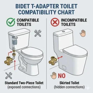 Compatibility chart showing standard two-piece toilets compatible with a bidet t adapter versus skirted toilets with hidden connections marked as incompatible.