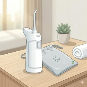 A handheld portable electric bidet standing next to its fabric travel carrying pouch.