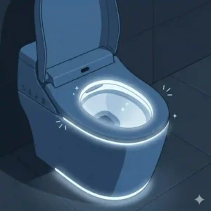 Illustration of an automatic TOTO toilet in a dark bathroom, illuminated by its gentle integrated LED nightlight.