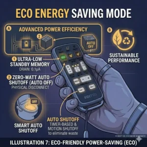 Illustration of the eco-friendly power-saving button on a bidet toilet remote control.
