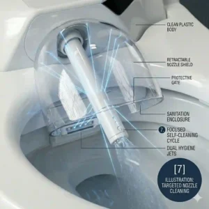 Graphic showing a close-up of a self clean bidet with a protective gate that guards the retractable spray nozzle against splashes.