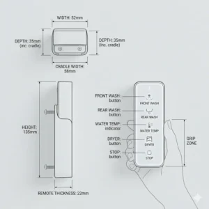 Technical illustration showing the slim dimensions and ergonomics of a bidet remote.