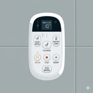 Minimalist vector art of a toilet seat remote control illustrating the smart home connectivity features.