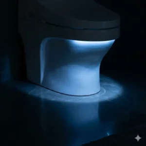 Built-in soft blue LED night light glowing from underneath the rim of a toto automatic wc during evening use.
