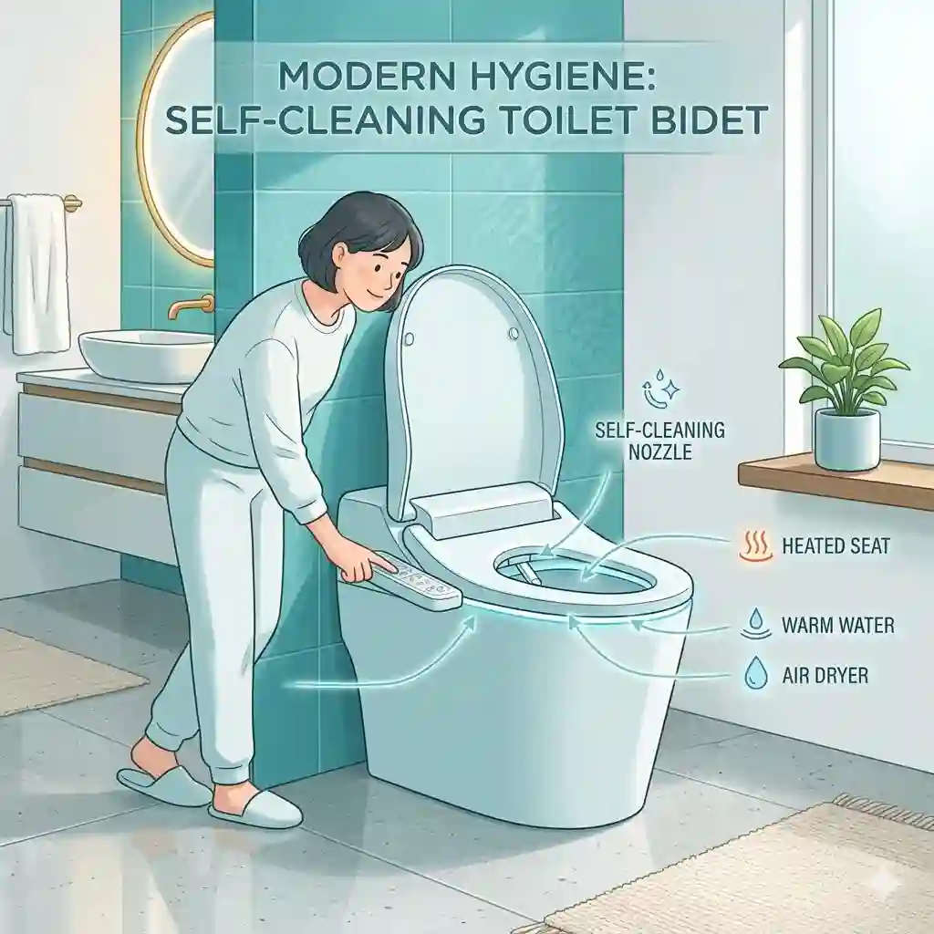 Modern luxury bathroom featuring a smart self cleaning toilet bidet with an open lid.
