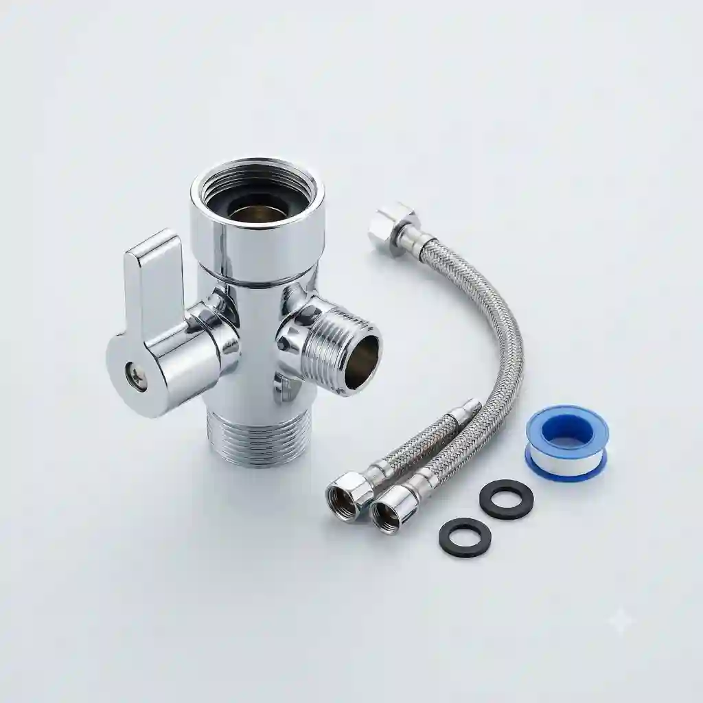 Modern chrome bidet t connector with a shut-off valve, displayed next to its rubber washers, a braided metal hose, and sealing tape on a clean background.