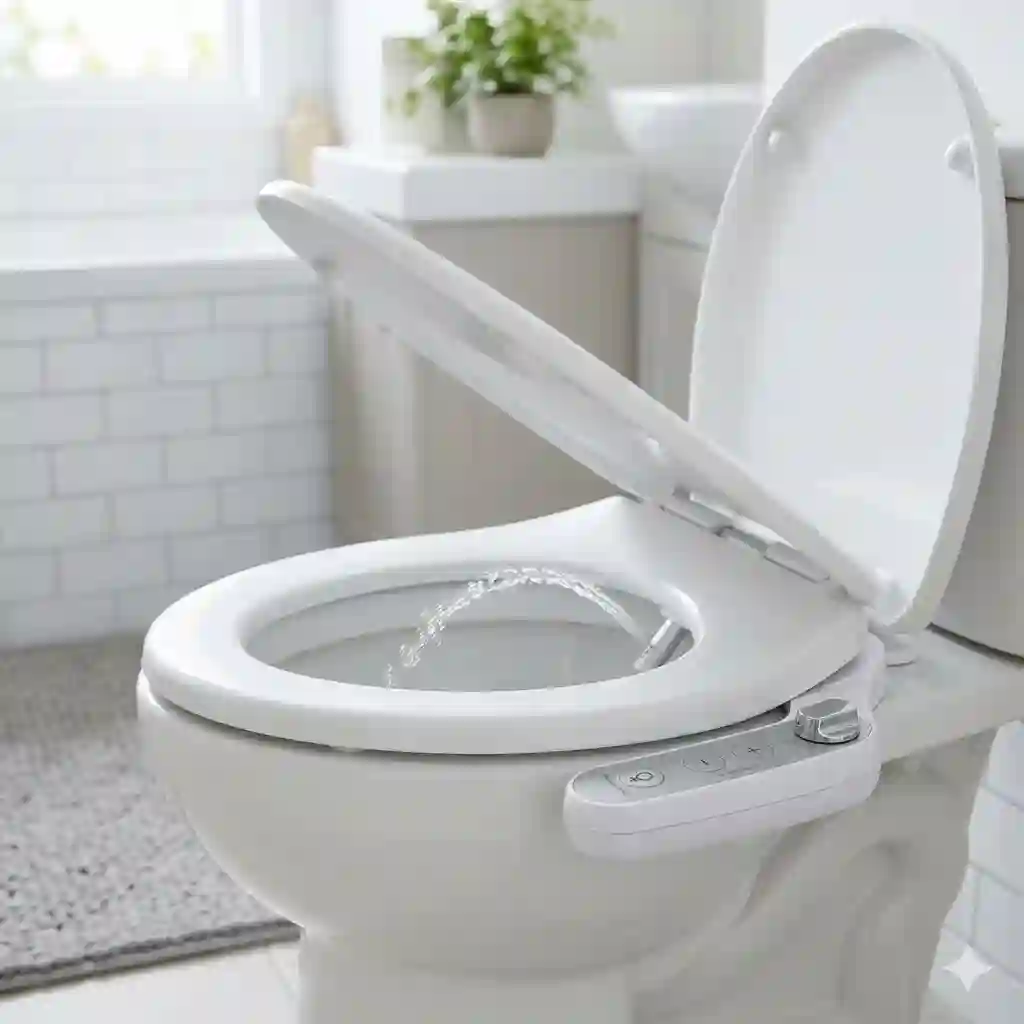 Sleek modern female bidet toilet attachment installed in a bright bathroom, showcasing clean aesthetic and hygiene features.