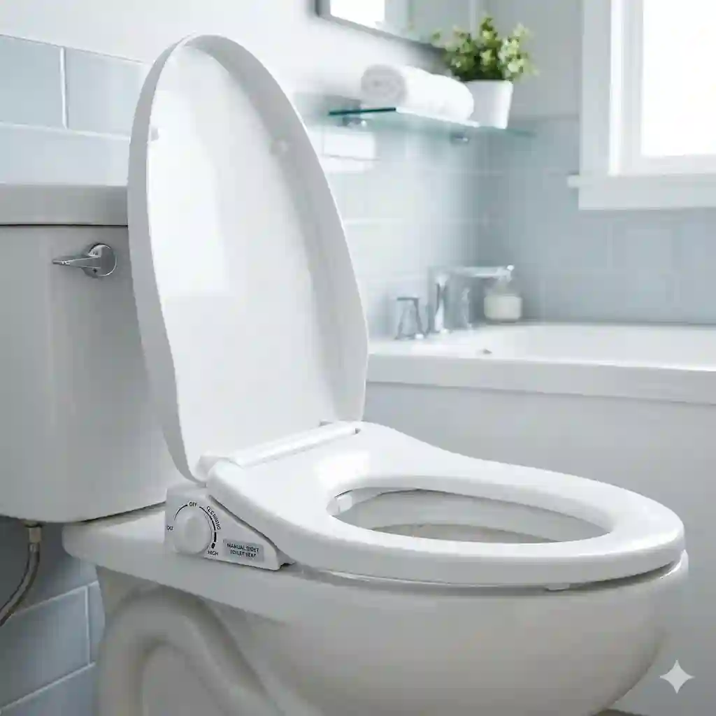 Modern bathroom interior featuring a clean white manual bidet toilet seat installed on a ceramic toilet.