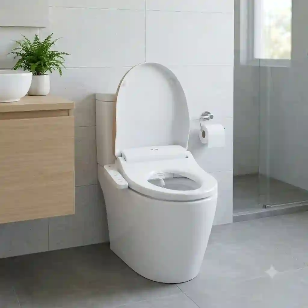 A luxury toto round bidet toilet seat installed in a modern bathroom.