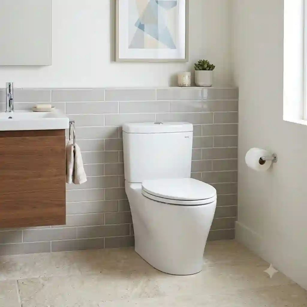 Modern bathroom interior featuring a white toto t40 toilet with a sleek dual-flush design.