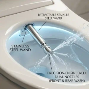 Detailed illustration with text labels showing the retractable nozzle mechanism of an auto bidet wand.