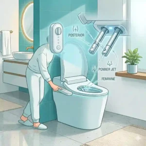 Diagram showing the dual nozzle wash system on a self cleaning toilet bidet.