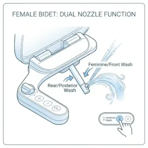Diagram of a female bidet with dual nozzle design illustrating separate posterior wash and gentle feminine cleansing spray angles.