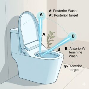 An educational diagram illustrating how a bidet for men targets the posterior area with a precise water stream for hygiene.