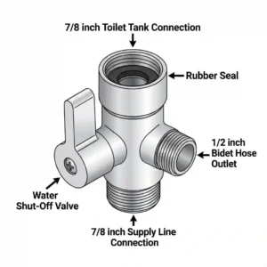 A square technical illustration diagram with clear labels highlighting the components of a chrome brass bidet t connector, including the 7/8-inch toilet tank connection, 1/2-inch hose outlet, supply line connection, and water shut-off valve.