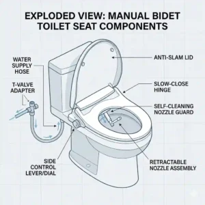 A technical parts diagram labeling all the components of a non-electric manual bidet toilet seat.