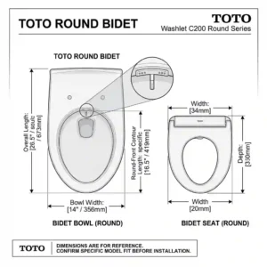 Diagram showing measurement guide and dimensions for a toto round bidet.