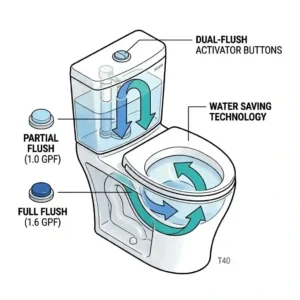 Illustration showing the water-saving dual-flush mechanism of a toto t40 toilet.