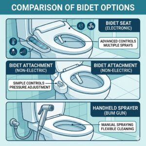 A side-by-side product comparison chart highlighting the best types of bidet for men options including seats and attachments.