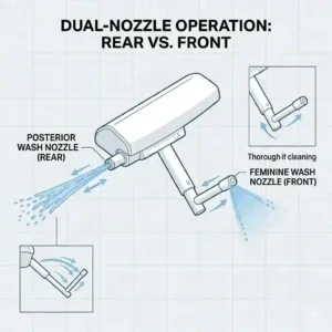 Illustration showing the dual nozzle spray function of a manual bidet toilet seat for posterior and feminine wash.