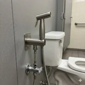 A hand using a handheld sprayer commercial bidet.