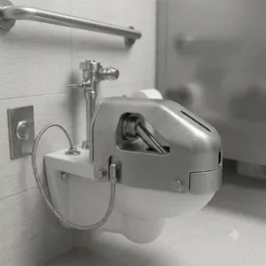 Close-up showing the durable, vandal-resistant materials of a bidet for a commercial toilet attachment