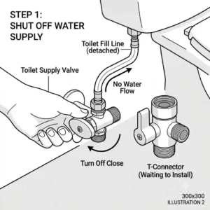 A minimalist square technical diagram-style line drawing illustration showing a stylized hand turning off the toilet water supply valve before attaching a bidet t connector.