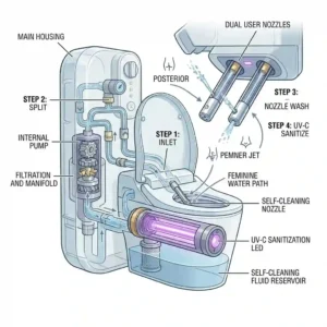 Close up illustration of a self cleaning toilet bidet nozzle sanitizing itself with water.