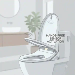 Close-up of a clean, hands-free toto washlet auto open toilet seat emphasizing hygienic, touchless bathroom use.
