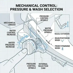 Close-up view of the mechanical side control lever on a manual bidet toilet seat for pressure adjustment.