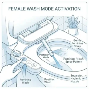 Close up graphic of a female bidet control dial highlighting water pressure adjustment and warm water temperature settings.