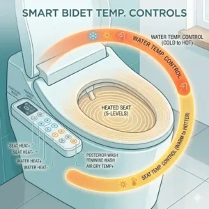 Graphic illustrating the heated seat and warm water zones of a self cleaning toilet bidet.