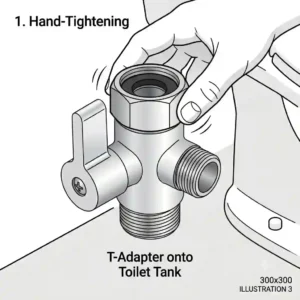 A close-up illustration of a hand hand-tightening a chrome bidet t connector onto the bottom threads of a standard toilet flush tank.